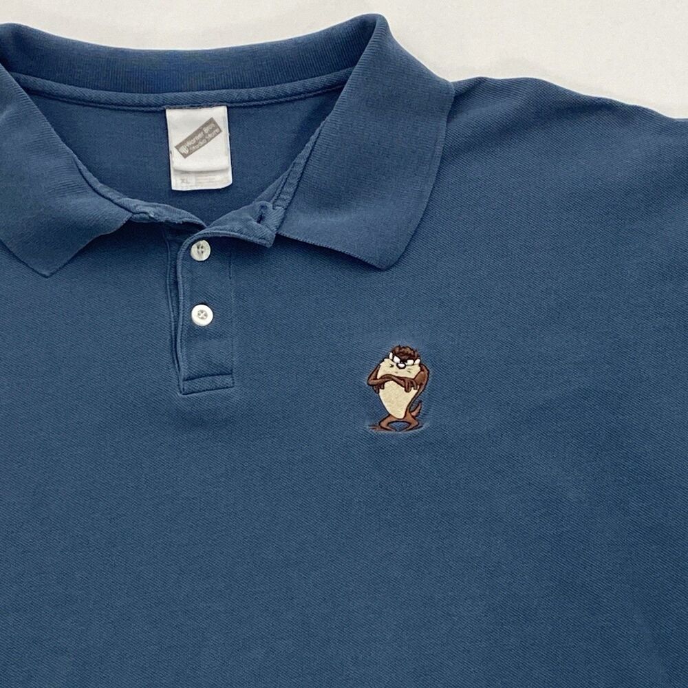 Warner Bros Embroidered Taz Tasmanian Devil Polo Shirt Cotton Mens XL Blue VTG